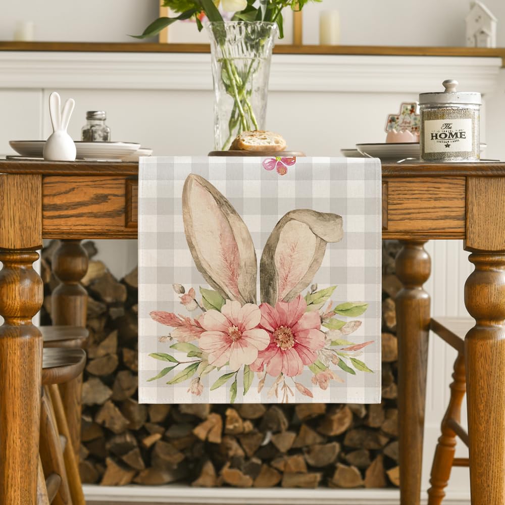 Buffalo Plaid Bunny Rabbit Ears Flower Easter Table Runner, Spring Summer Seasonal Holiday Kitchen Dining Table Decoration for Indoor Outdoor Home Party Decor 13 x 72 Inch