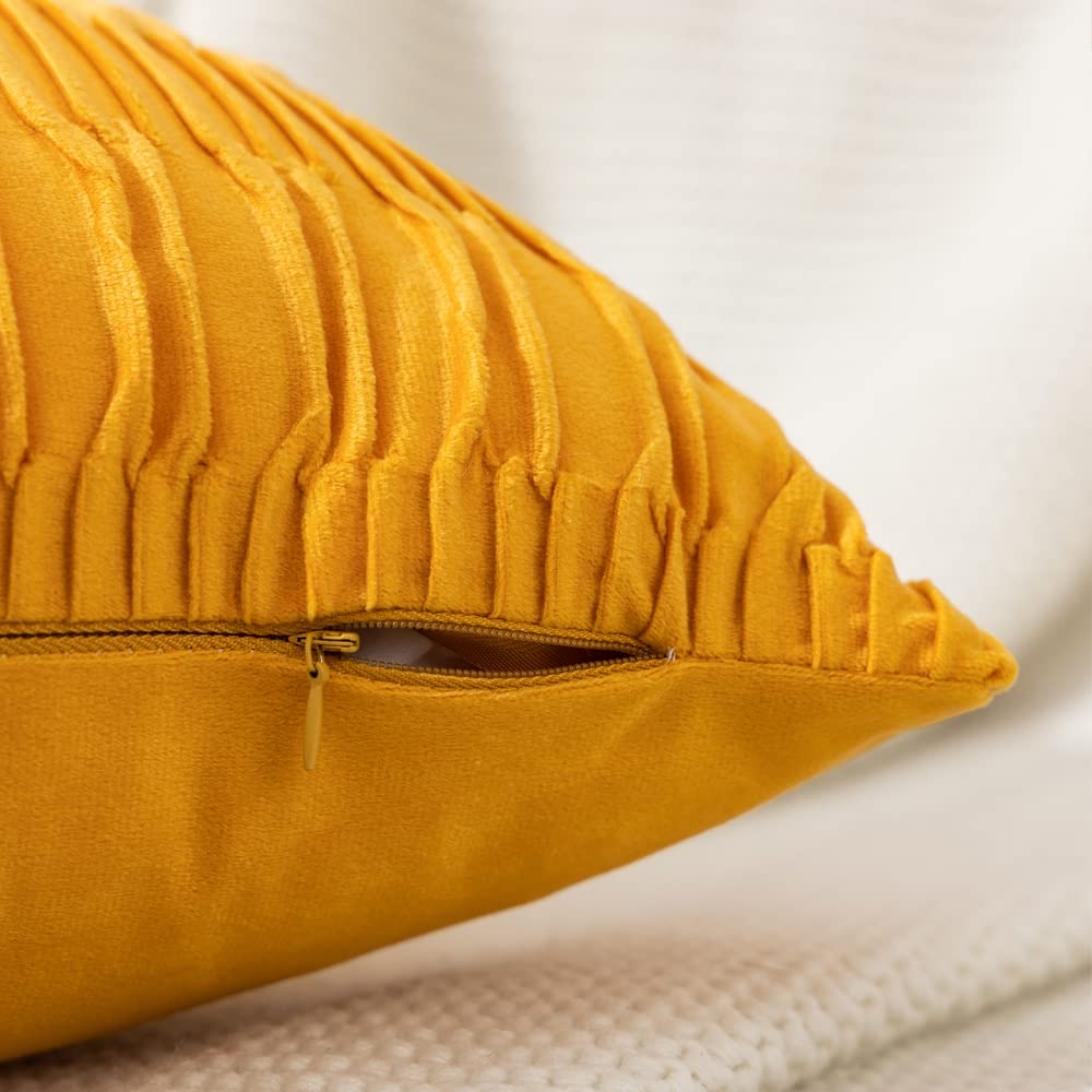 ETASOP Fall Throw Pillow Cases, Set of 2 Striped Yellow Cushion Cases Velvet Pillow Covers for Farmhouse Home Decor, 16x16 Inch