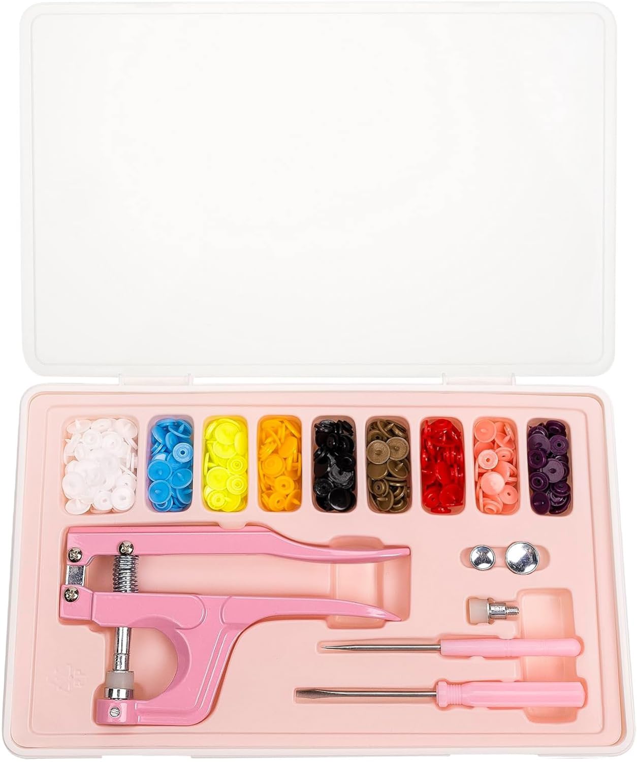 Plastic Snap Fastener Kit with Plier Screwdriver Awl and Storage Case, 100 Sets Snaps, 9 Colors T5 Buttons, 12mm Cap. Snap Plier for T3(10mm), T5(12mm), T8(15mm) Buttons, Pink