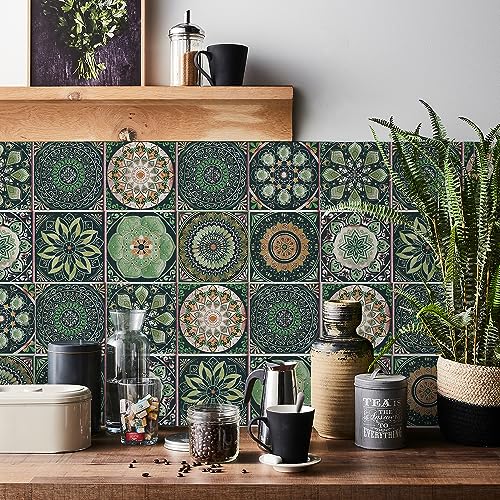 Adreamer90 Mandala Moroccan Wallpaper Tile Stickers 5.91 * 5.91 in Peel and Stick,Removable Talavera Decor 2D Wall Tile Decals for Kitchen Bathroom Laundry Stair Fireplace Art Decor Tiles