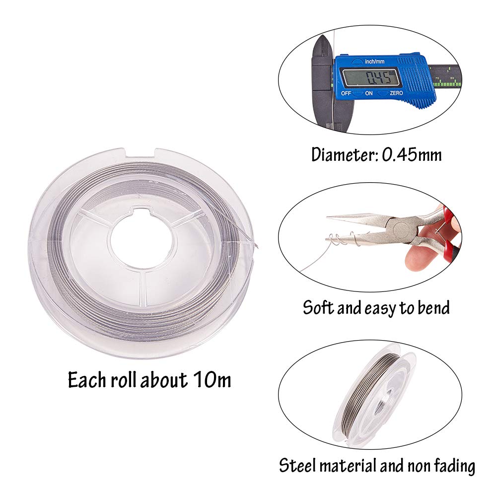 PandaHall 10 Rolls 0.45mm Steel Tiger Tail Beading Wire Stainless Steel Color Soft Flexible Jewelry Wire for Jewelry Making, Bead Stringing, Crafting(10yard/ roll, 100yard totally)