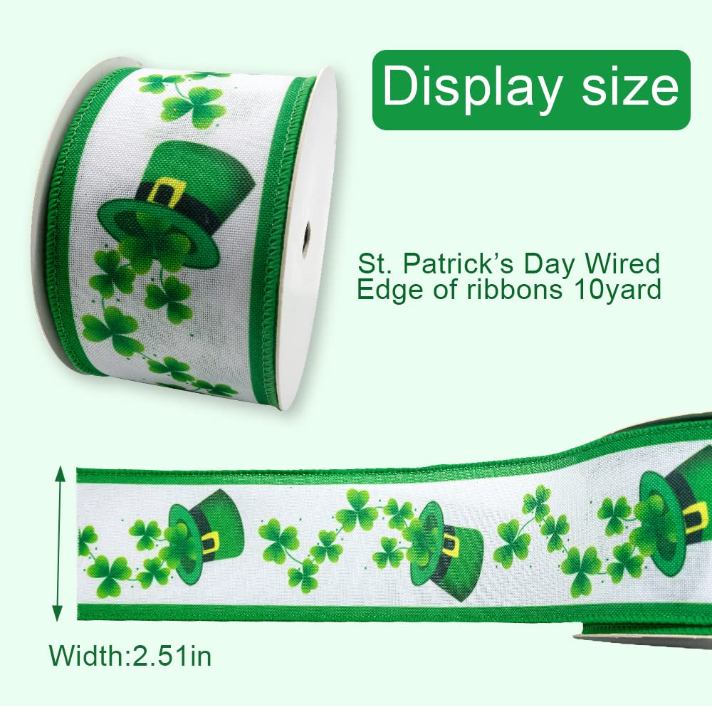 St Patrick's Day Ribbons 2.5" 10 Yards, Green White Wired Edge Burlap Ribbon Green Shamrock Hat Wrapping Ribbon for St Patrick's Day Birthday Party Wrapping DIY Craft Decoration Wreaths Bow