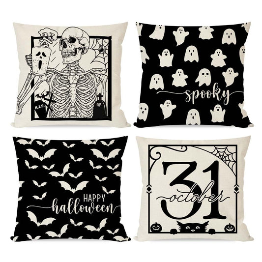 Pandicorn Halloween Throw Pillow Covers 18x18 Set of 4 Skeleton Bats Black Cat Ghost Fall Halloween Decorations Indoor Outdoor Pillows Decorative Throw Pillows Cases for Home Living Room Porch Decor