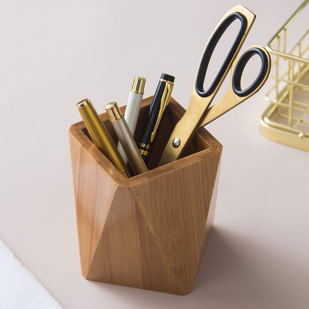 Bamboo Wood Pen Holder Stand for Desk Geometric Pencil Cup Pot Cute Desktop Office Supplies, Makeup Brushes Organizer (Bamboo)