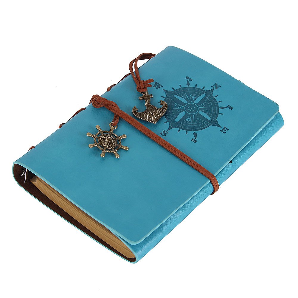 EvZ Leather Writing Journal Notebook, 7 Inches Vintage Nautical Spiral Blank String Diary Notepad Sketchbook Travel to Write in, Unlined Paper, Retro Pendants, Classic Embossed, Sky Blue