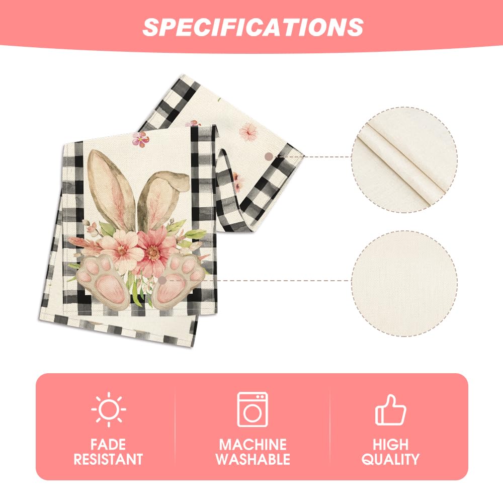 Buffalo Plaid Bunny Ear Foot Flower Easter Table Runner, Seasonal Spring Kitchen Dining Table Decoration for Home Party Decor 13x72 Inch