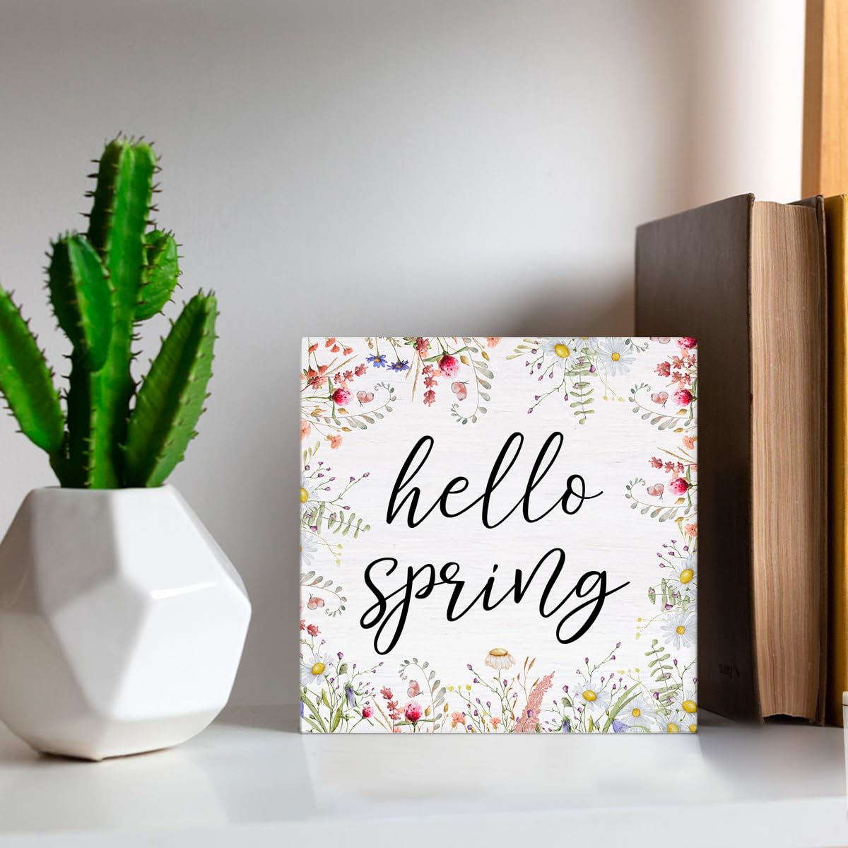 Spring Decor Farmhouse Desk Decorations Wooden Sign, Hello Spring Wood Plaque Block Sign Rustic Home Decor 5 x 5 Inches