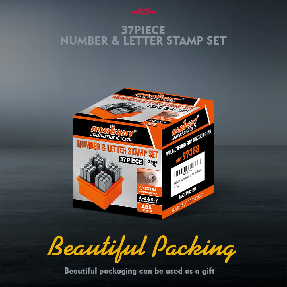 HORUSDY 37-Piece Number and Letter Stamp Set 1/8 (3mm) (A-Z & 0-9 + Love) Punch Perfect for Imprinting Metal Stamping kit, Plastic, Wood, Leather.