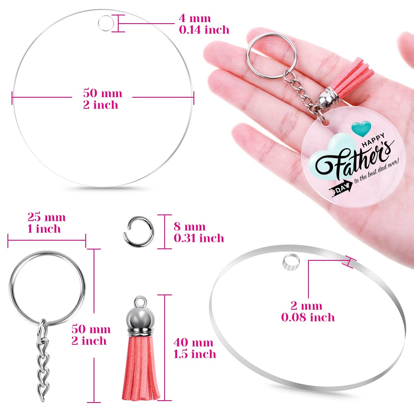 Audab Acrylic Keychain Blanks Kit - 120pcs Including Clear Acrylic Blanks, Keychain Tassels, Key Rings, Jump Rings for DIY Key Chain Vinyl Crafting