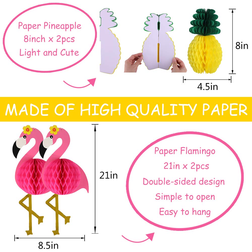 YUNXUAN Flamingo Party Supplies, Hawaiian Party Decorations Flamingo and Pineapple Honeycomb Ball Paper Lanterns Paper Fans Pom poms Flowers for Birthday Luau Tropical Bachelorette Party