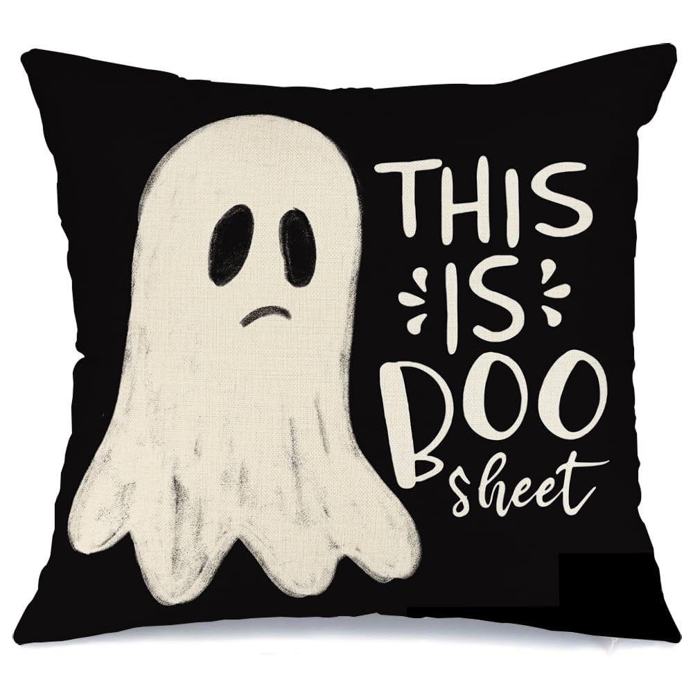 Halloween Pillow Cover 18X18 Inch Ghost Funny Halloween Saying Decoration Holiday Farmhouse Pillow Case Decor for Home Sofa Couch Indoor Outdoor AA188-18