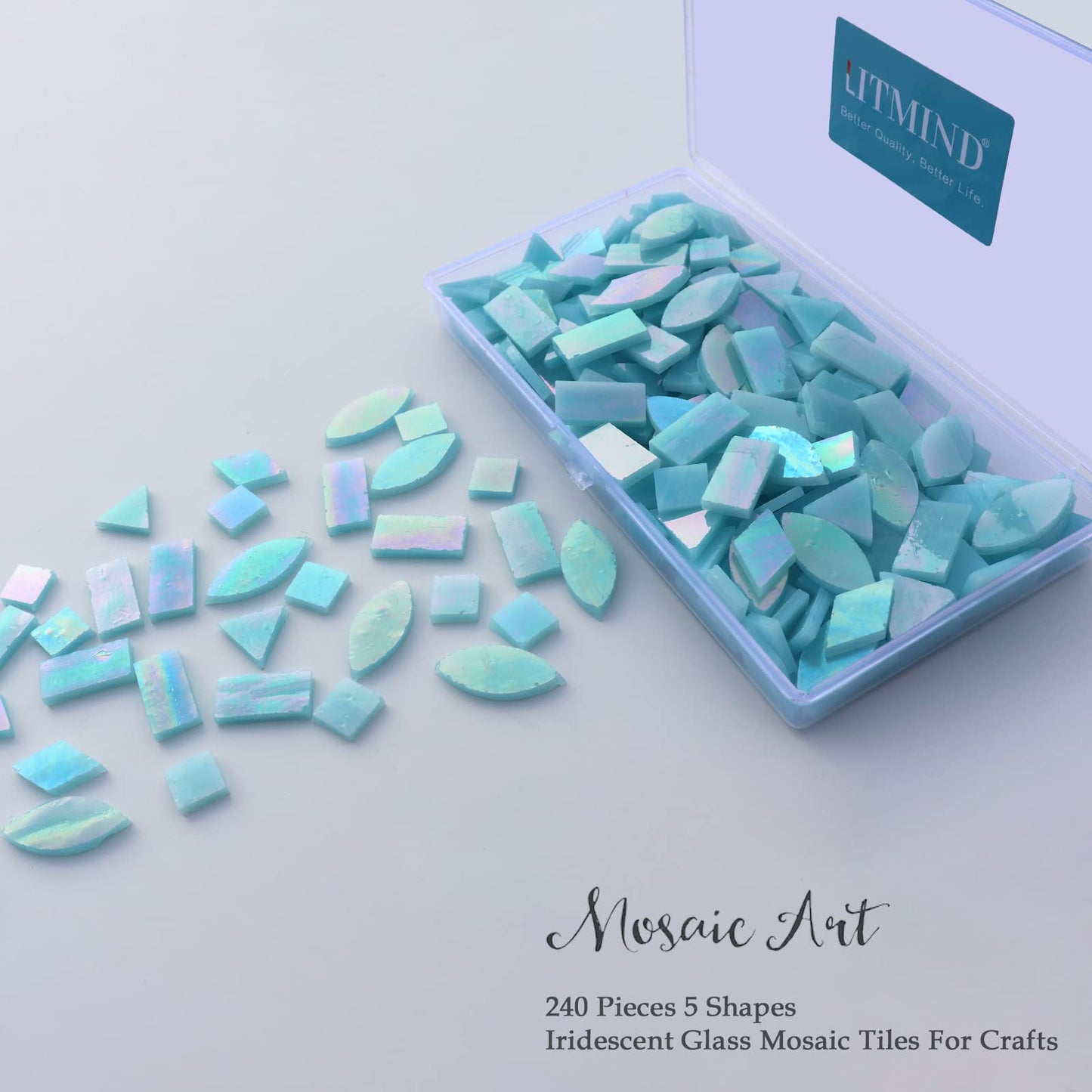 LITMIND Iridescent Glass Mosaic Tiles for Crafts, 240 Pieces 5 Shapes Mixed Stained Glass Sheets, Mosaic Kits for Adults (Iridescent Aqua)