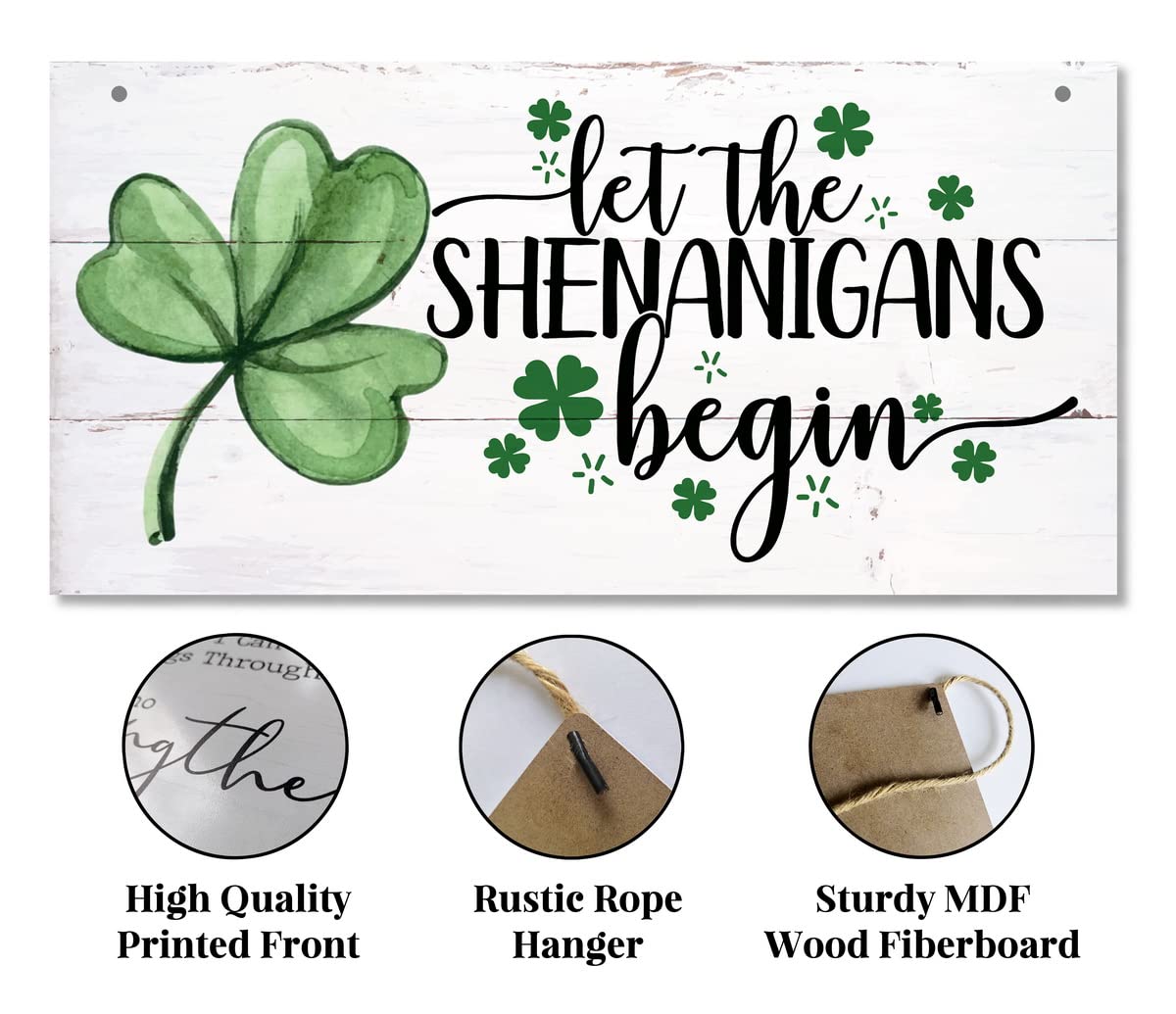 Hanging St. Patricks Day Wood Decor Sign, Let the Shenanigans Begin Printed Wood Wall Art Sign, Home Signs Decor, Hanging Door Wood Sign, Shamrock Sign, St Patricks Day Decor, Rustic Farmhouse Decor