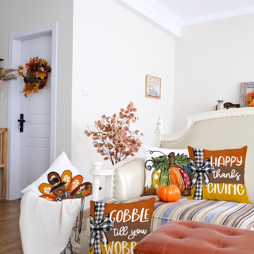 GEEORY Happy Thanksgiving Throw Pillow Covers 18x18 Inch Set of 4, Turkey Gobble Pumpkin Striped Fall Farmhouse Decorative Holiday Decoration for Home G568-18