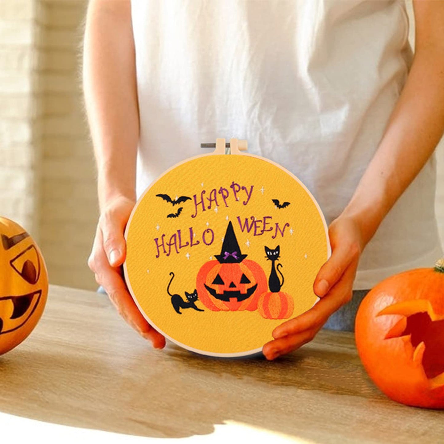 Santune 4-Pack Halloween Embroidery Kit Cross Stitch Kits for Beginners DIY Needlepoint Kit with 4 Embroidery Clothes Featuring Pumpkin Patterns,2 Hoops,Color Threads,Needles