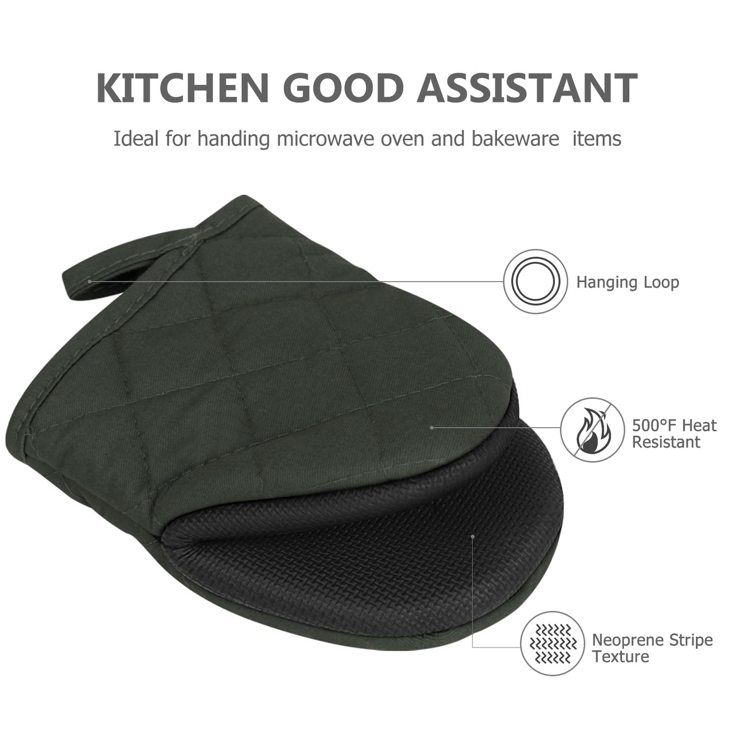1 Pair Short Oven Mitts, Heat Resistant Silicone Kitchen Mini Oven Mitts for 500 Degrees, Non-Slip Grip Surfaces and Hanging Loop Gloves, Baking Grilling Barbecue Microwave Machine Washable (Gray)
