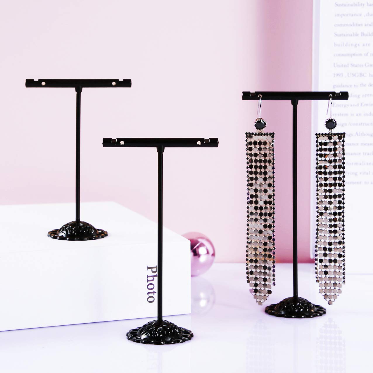 AUTODECO Black Earring T Shape Stand Detachable Metal Earring Display Storage Rack for Photography Jewelry Props Show Closet Retail Store Display 3 Pcs, T Shape