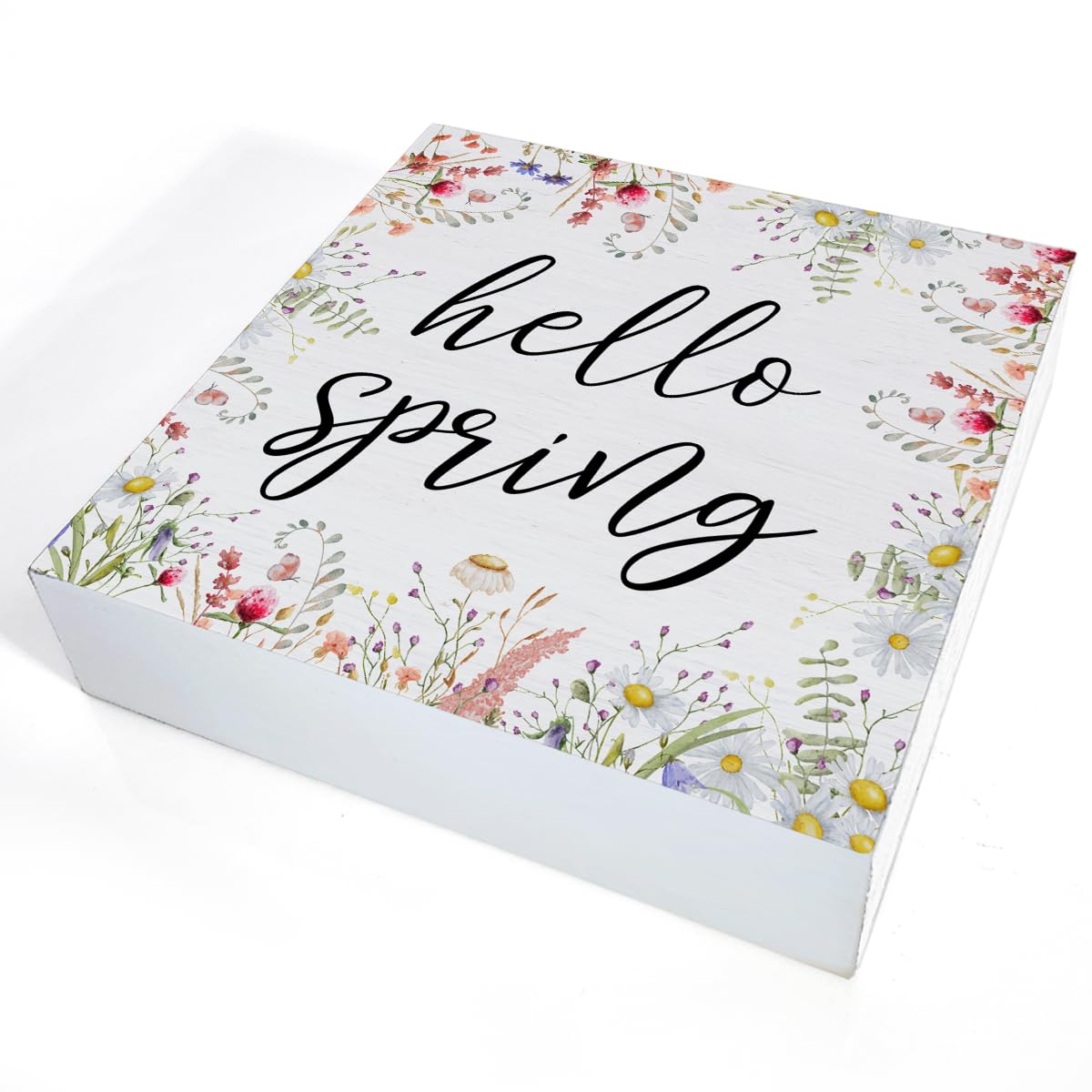 Spring Decor Farmhouse Desk Decorations Wooden Sign, Hello Spring Wood Plaque Block Sign Rustic Home Decor 5 x 5 Inches