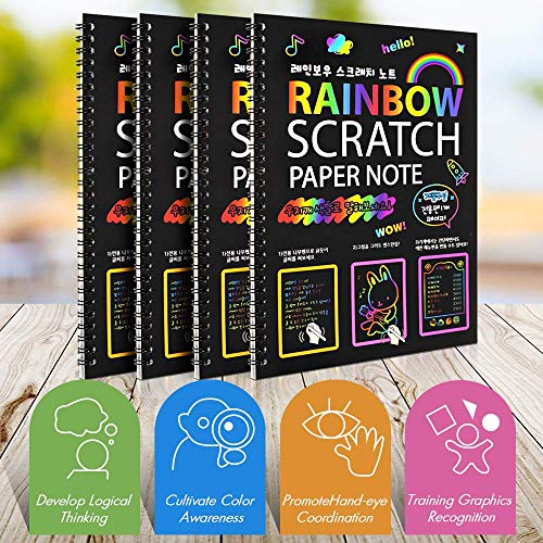 4 Pack Scratch Arts Drawing Notebook for Kids Drawing Pad, Large Rainbow Scratch Drawing Paper Set for Kids Art Supplies (with 4 Wooden Stylus & 4 Drawing Stencils）