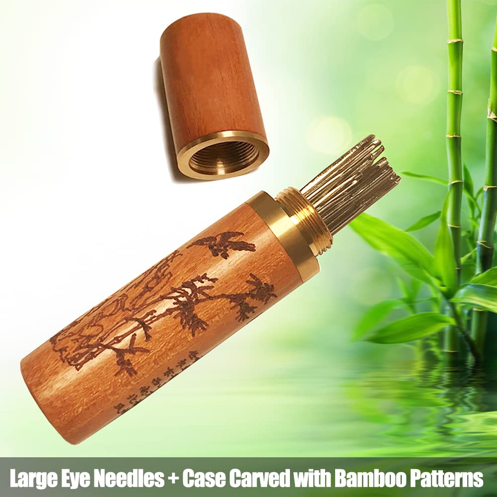 Large Eye Sewing Needles, Embroidery Needles, Stainless Steel, 50 Pieces Sharp Needles with Wooden Needle Case Carving Pattern