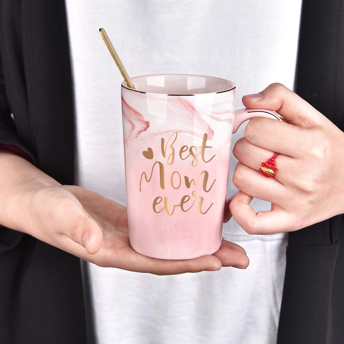 YHRJWN Mothers Day Gifts for Mom, Best Mom Ever Coffee Mug, Mom Mothers Day Gifts from Daughter Son, Moms Gift Idea for Birthday, Valentines Day, Present for Moms Mothers, 14 Oz Pink