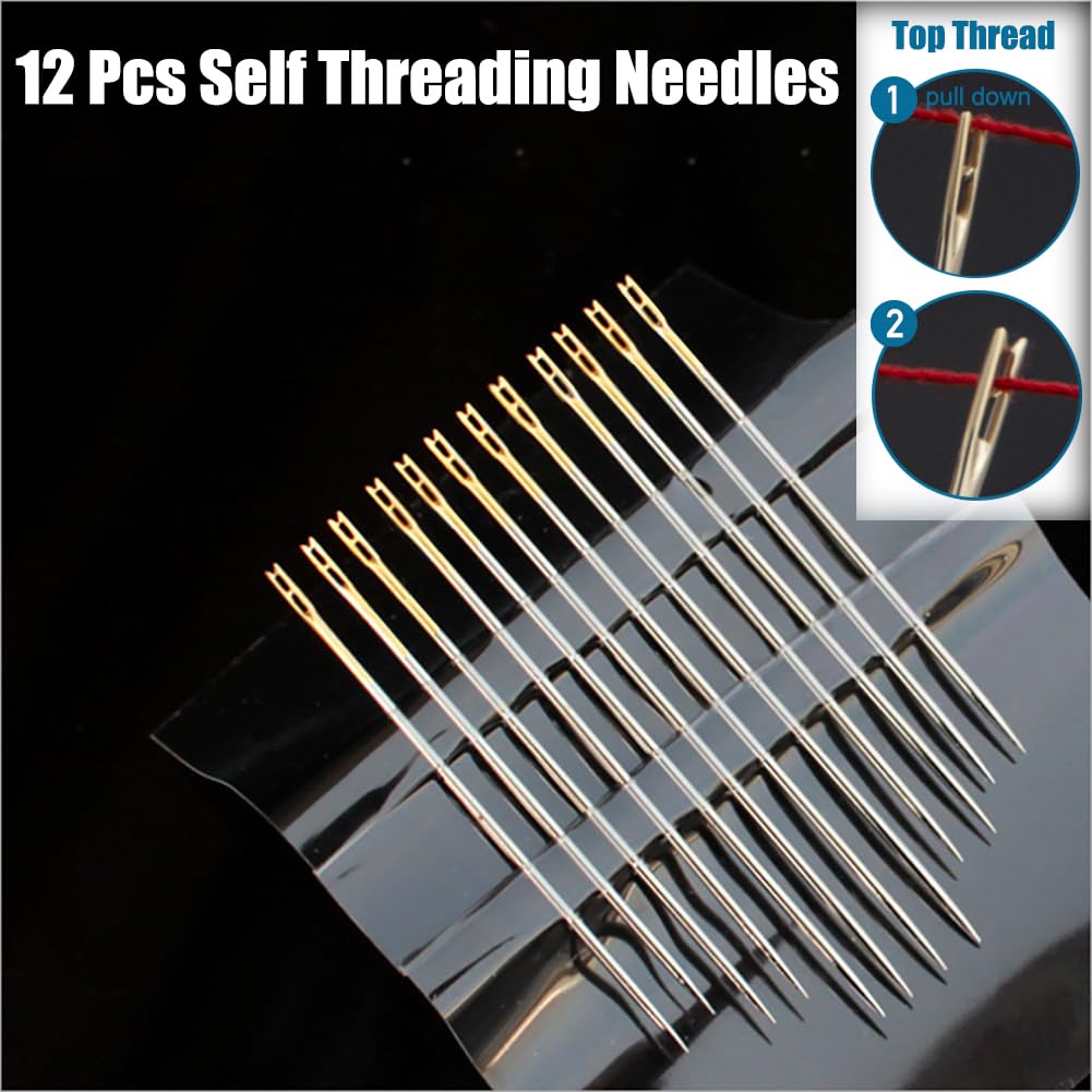 Self-Threading Needles, Sewing Needles, Needle Threader with Needle case Carving Pattern, Threaded from The top, Golden, 18 Pack