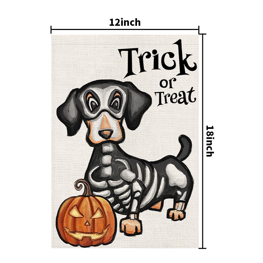Halloween Trick or Treat Garden Flag Ghost Dog 12x18 Inch Small Double Sided Burlap Welcome Yard Dachshund Skeleton Outside Decorations DF342