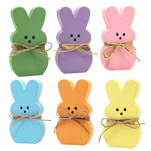 DAZONGE Easter Decorations - 6PCS Wood Bunny Peeps Easter Tiered Tray Decor Signs - Easter Shelf Sitter - Easter Decor for the Home - Spring Wood Decor