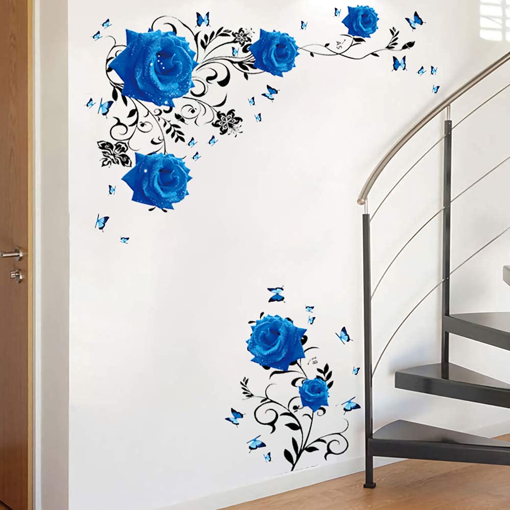 Supzone Blue Rose Wall Stickers Rose Flower Vine Wall Decal Blue Peony Floral Wall Decor DIY Vinyl Mural Art for Bedroom Living Room Sofa Backdrop TV Wall Decoration
