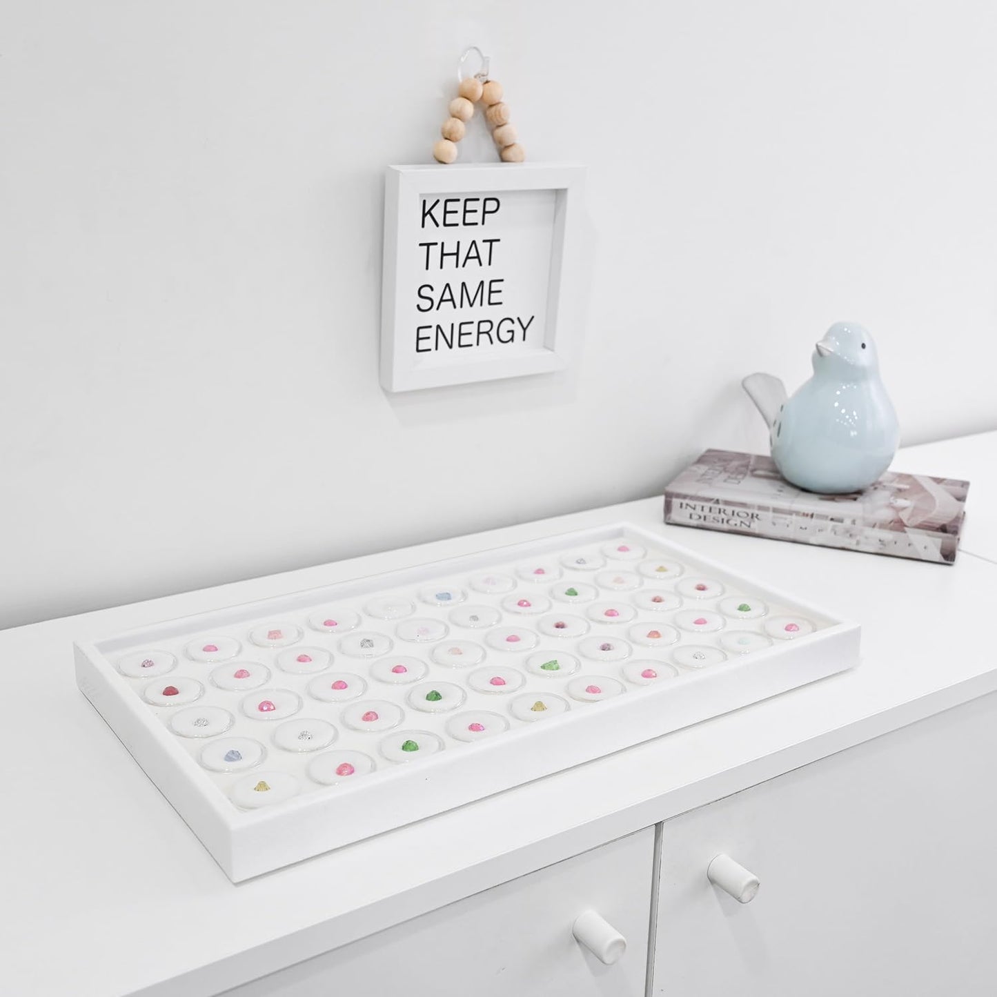 Ikee Design 50 White Foam Gem and Bead Storage Jars Showcase Stackable Display Tray Storage Box for Collectibles, Home Organization, 14.75 W x 8.25 D x 1 H in