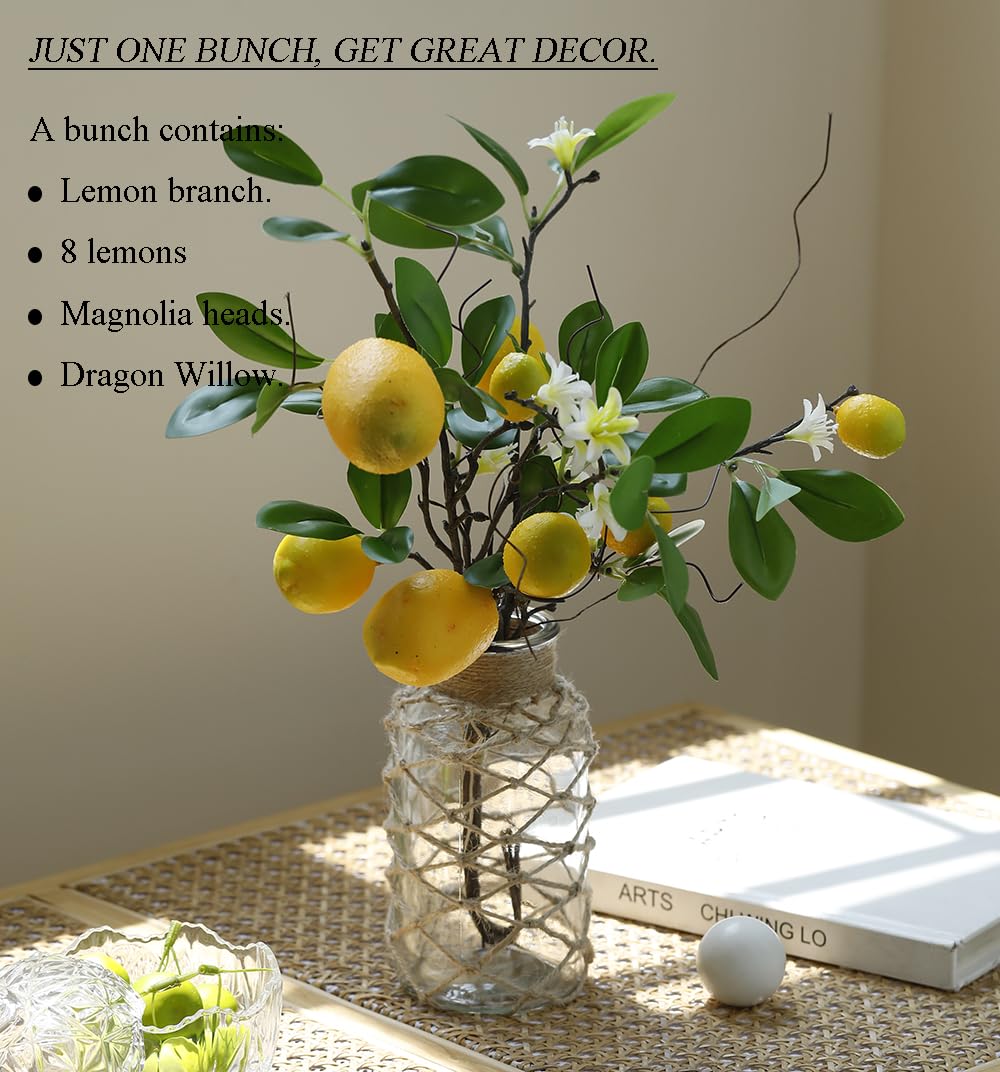 Laelfe Artificial Lemons Branches, 8 Head Faux Lemons with Stem Fake Lemon Themed for Kitchen Decoration Party Farmhouse Decor (Yellow)