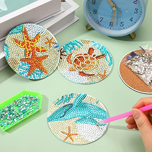 UPINS Ocean Diamond Art Painting Coaster Kit, 8Pcs DIY Crafts Kit with Holder, Non Slip Coaster Art Supplies for Adults, Ideal Christmas Gift
