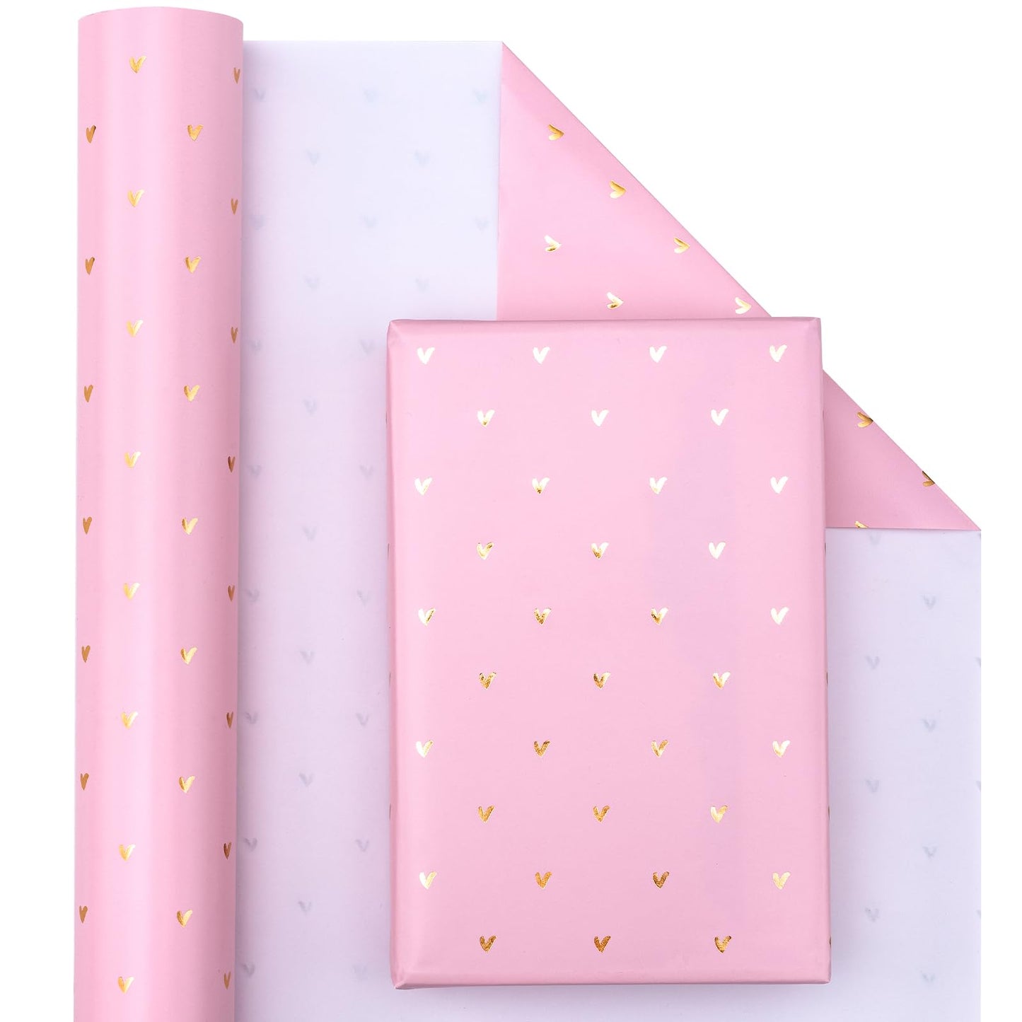 Valentine's Day Wrapping Paper - Mini Roll - 17 Inch X 33 Feet - Sweet Gold Foil Pink Love Heart Design for Valentine's Day, Wedding, Anniversary, Birthday, Baby Shower