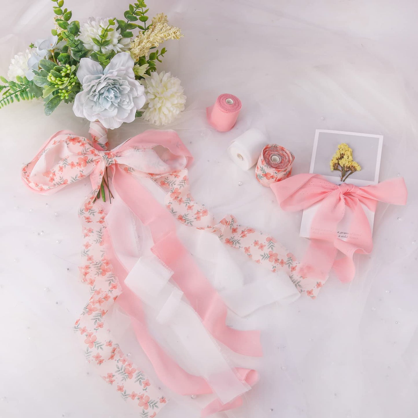 Handmade Fringe Floral Silk Chiffon Ribbons 1.5" x 7 Yards, 3 Rolls 21 Yards Pink Floral Ribbons Set for Wedding Invitations, Bridal Bouquets, Gifts Wrapping, DIY Crafts Decoration