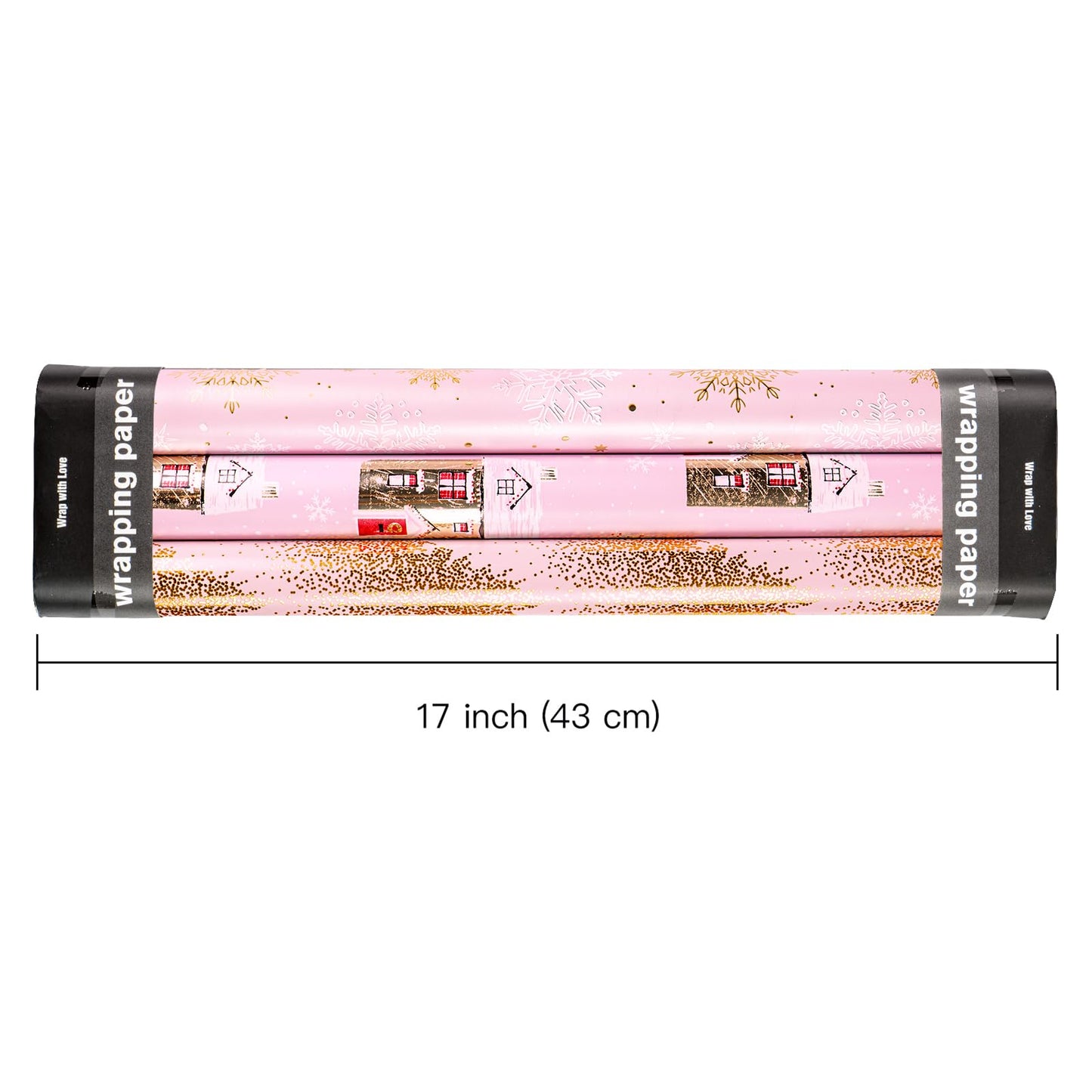 Christmas Wrapping Paper Roll - Mini Roll - 3 Rolls - 17 Inch X 120 Inch Per Roll - Pink and Gold House, Christmas tree, Snowflake Holiday Collection with Metallic Foil Shine