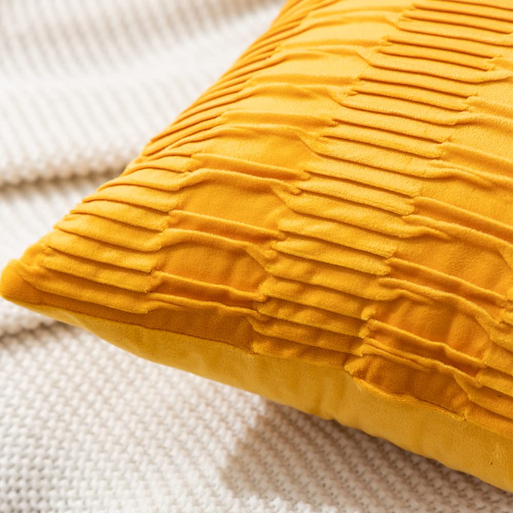 ETASOP Fall Throw Pillow Cases, Set of 2 Striped Yellow Cushion Cases Velvet Pillow Covers for Farmhouse Home Decor, 16x16 Inch