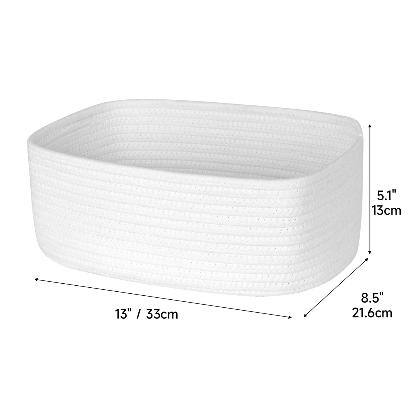 ORGMASTER Small Rope Basket 13" x 8.5" x 5.1", Woven Storage Baskets Closet Organizer Bins, Shelf Boxes for Organizing Home Office, Cat Dog Toy Box, Empty Gift Basket 2 Pack, White