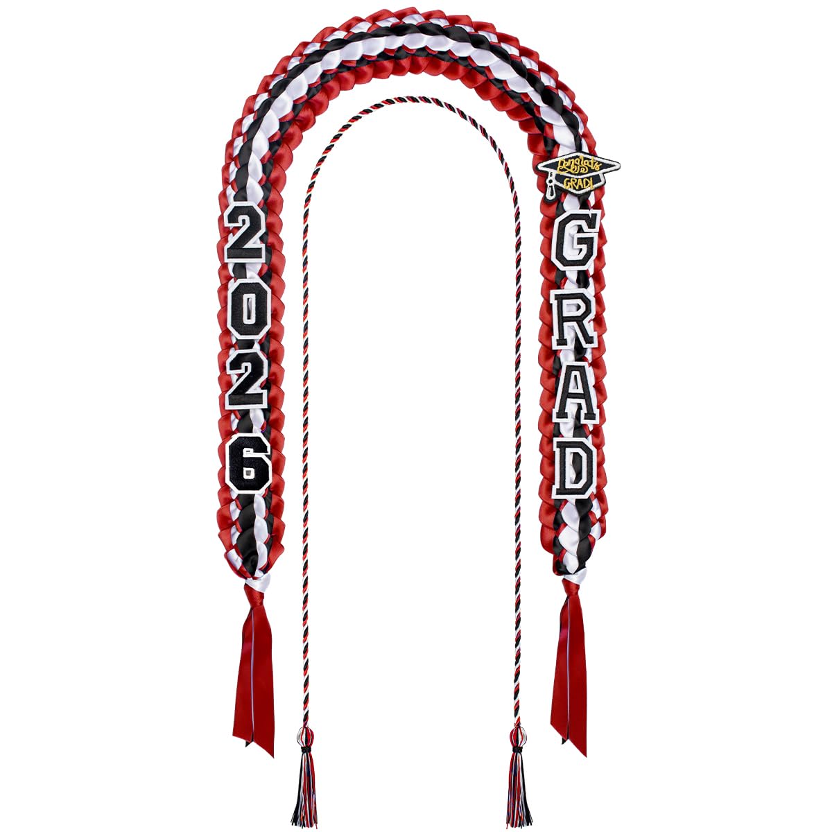 Yigney Graduation Lei Set Class of 2026 Grad Ribbon Leis with Honor Cord Double Braided Graduate Leis for Men Women Red Black White
