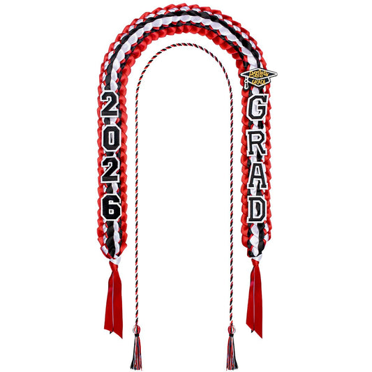 Yigney Graduation Lei Set Class of 2026 Grad Ribbon Leis with Honor Cord Double Braided Graduate Leis for Men Women Red Black White
