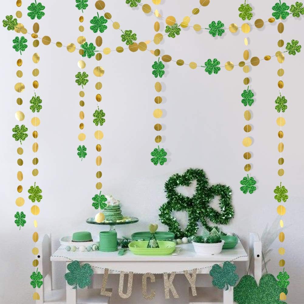 Cheerland Green Shamrock Garland St Patricks Day Decorations - 4 Leaf Clover Glitter St Paddy's Day Garland Hanging Streamers for St. Patrick's Day Irish Party Supplies and Spring Decor - 52Ft