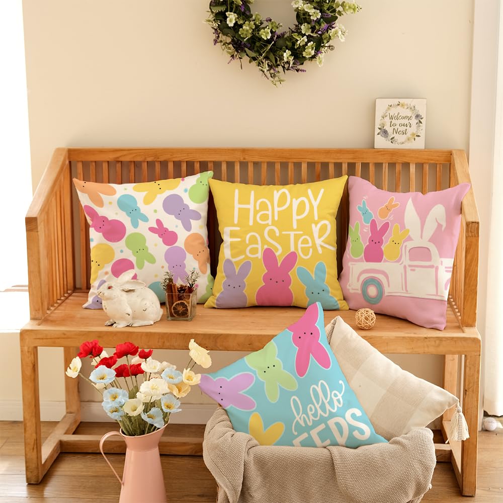 Happy Easter Hello Peeps Throw Pillow Covers 18x18 Inch Set of 4, Rabbit Truck Bunny Spring Decorative Farmhouse Holiday Cushion Case for Home Decoration G683-18