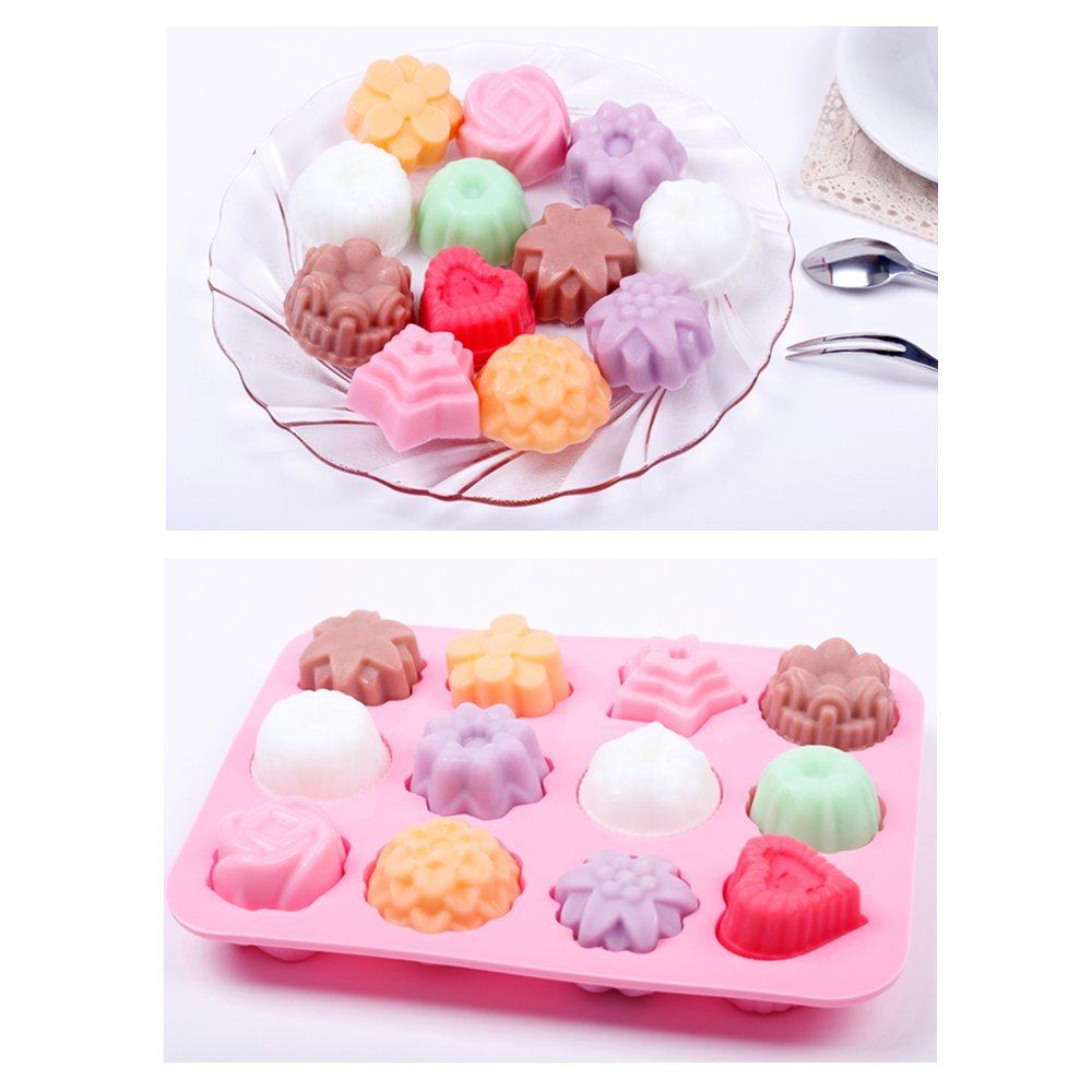 homEdge Food Grade Silicone Flowers Molds, Baking Pan with Flowers and Heart Shape Non-Stick 3-Pack Silicone Molds for Chocolate, Candy, Jelly, Ice Cube, Muffin (Pink, Blue and Green)