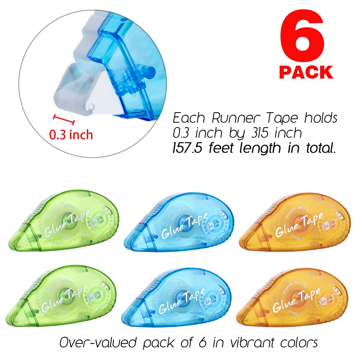 XUXU 6 Pack Double Sided Tape Roller, Scrapbooking Tape Glue Tape Permanent Adhesive Tape Dispenser Runner for Crafts and Arts Projects, Photo-Safe, 0.3-inch by 315-Inch