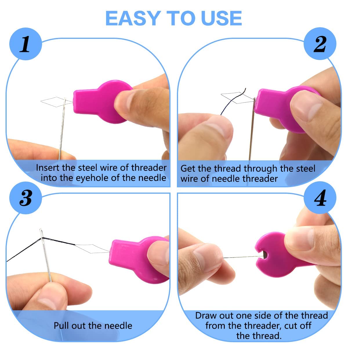 Needle Threader for Hand Sewing & Sewing Machine - 10 Simple Needle Threaders for Embroidery Floss + 2 Seam Rippers + 2 Drawstring Threaders + 5 Needles