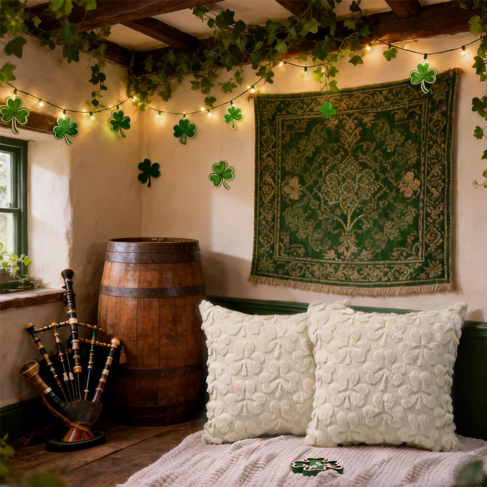 St Patrick’s Day Pillow Covers Set of 2,Beige Shamrock Irish Soft Plush Fluffy Faux Fur Jacquard Decorative St. Patrick’s Day Holiday Farmhouse Cushion Case for Sofa 18 x 18 Inch