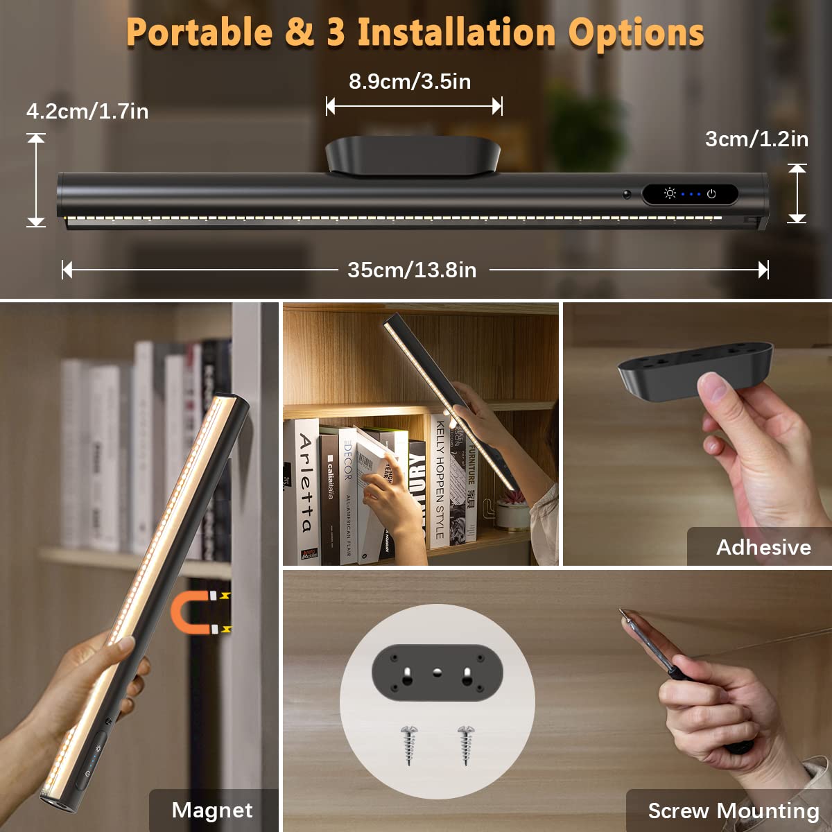 bravzurg Rechargeable Magnetic LED Light Bar with Remote, Under Cabinet Lighting Wireless, Battery Powered Operated Wall Strip Lights, Dimmable Desk Lamp for Mirror Closet Picture Kitchen – Black