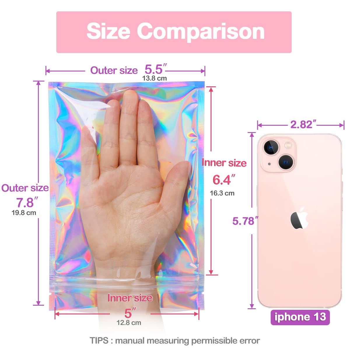 Trunple Smell Proof Bags & Resealable Foil Pouch Mylar Sample Bag Great for Party Favor Food Storage (Holographic Color) (50Pcs-5.5x8 Inch)