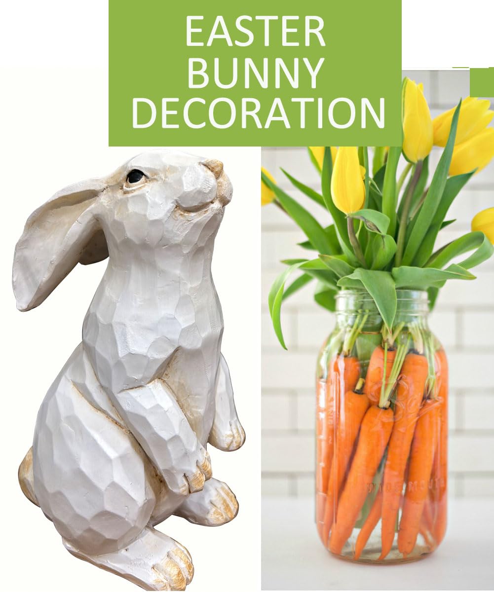 Easter Bunny Decoration, Decorative Farmhouse Modern Standing White Rabbit Bunny Figurine, Home Decor Accents Carved Rustic Distressed Animal Bunny Rabbits Ornaments