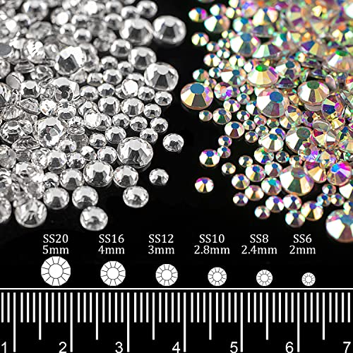 AB and Clear and Mixed Color Flatback Round Rhinestones Kit, Multi Size Glass Crystals Bead with Pickup Pencil and Tweezer for DIY Nail Art