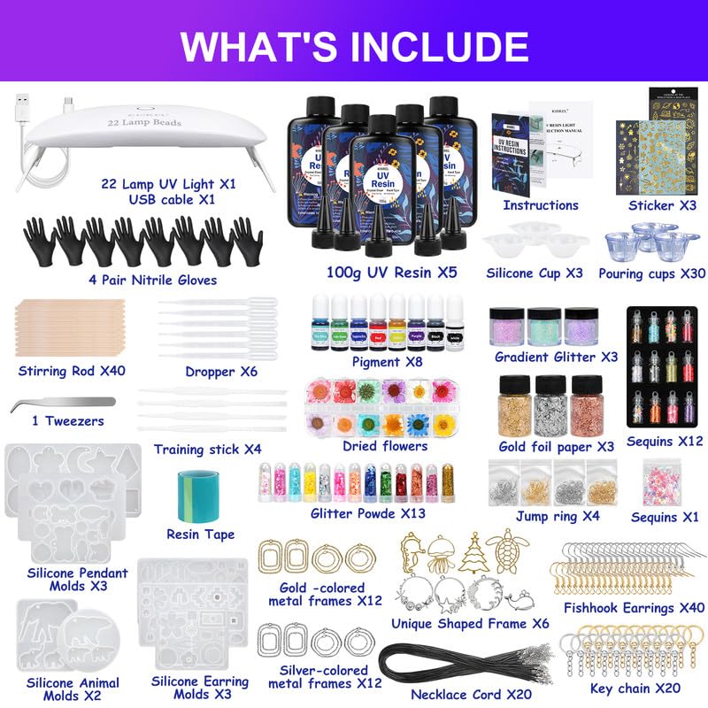 KISREL UV Resin Jewelry Making Kit - 500g Crystal Clear UV Resin, Large Light with 22 Beads and Jewelry Molds, Fast Curing for Keychains, Earring Making, DIY Craft Decorations